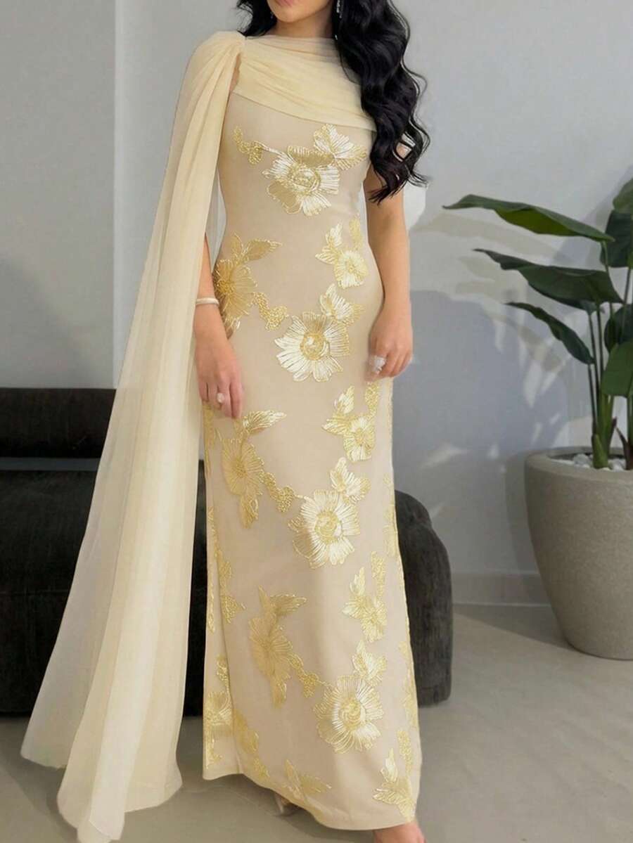 Modelyn New Design Asymmetric Sleeve Elegant Embroidered Cinched Waist Romantic Luxurious Party & Holiday Dress