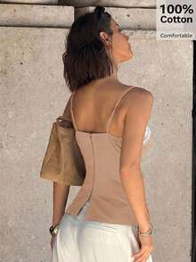 Siren Gaze 2025 Women's Spring/Summer New Design Lace Trim Camisole Top, Unique Minimalist Short Cropped Camisole - Khaki - View 2