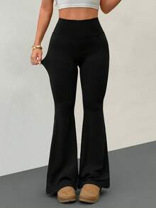 SHEIN PETITE 女士高腰弹力瑜伽裤，塑身健身紧身裤 - 黑色 - 查看 3