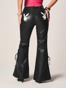 Missguided x Playboy Faux Leather Lace-Up Flare Pants With Side Eyelet Details High-Rise Wide Leg Bootcut Festival Boho Gothic Style Fall Winter - Black - View 2