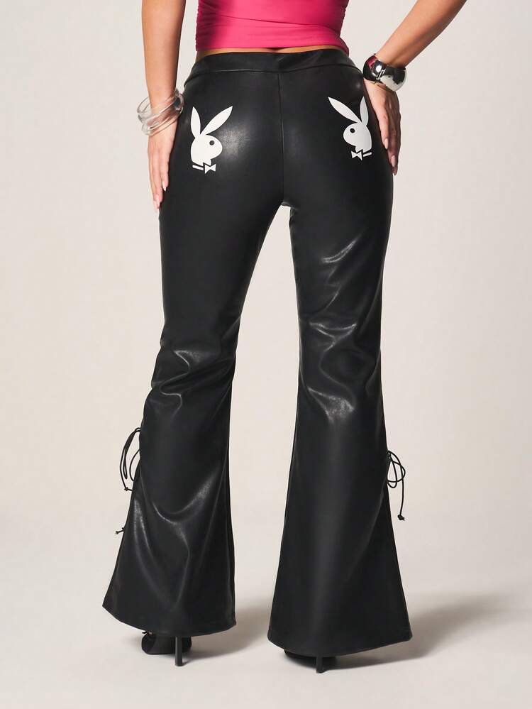 Missguided x Playboy 인조 가죽 레이스업 플레어 팬츠, 옆면 아일렛 디테일, 하이라이즈 와이드 레그 부츠컷 페스티벌 보헤미안 고딕 스타일 가을 겨울