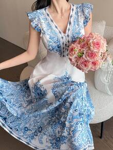 DAZY 女款優雅花卉印花V領繫帶中長洋裝，小飛袖，夏季婚禮賓客禮服，波西米亞度假休閒洋裝 - 藍色 - 查看 6