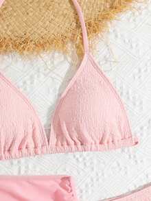 SHEIN Bộ bikini 3 mảnh thời trang mới dành cho thiếu nữ, màu be, chất liệu vải đặc biệt, kèm váy sarong và dây buộc eo. - Hồng - Xem 5