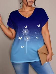 EMERY ROSE 大码女式夏季碎花V领蝙蝠袖上衣，舒适休闲度假衬衫，蒲公英蓝渐变色，大码T恤 - 彩色 - 查看 4