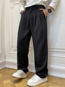 Calvornis Men Plus Size Casual Everyday Workwear Pleated Slant Pocket Solid Color Suit Pants, Formal, Ceremony - Black - View 1