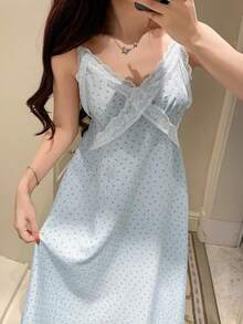 DAZY 蕾丝拼接波点可爱青蛙印花宽松无袖连衣裙，女士夏季睡衣家居服 - 藍色 - 查看 5