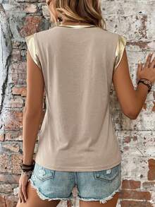 EMERY ROSE Khaki Gold Foil Collar Women's Round Neck Cap Sleeve Casual T-Shirt - Multicolor - View 2