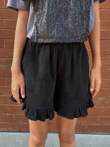 DAZY 少女纯色荷叶边斜插口袋休闲短裤 - 黑色 - 查看 5