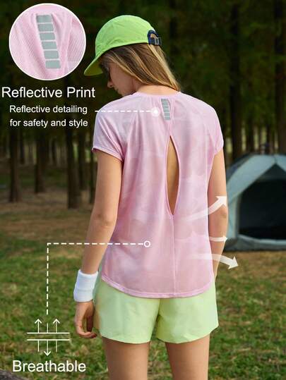 Exploreva 女士户外运动网眼镂空粉色T恤