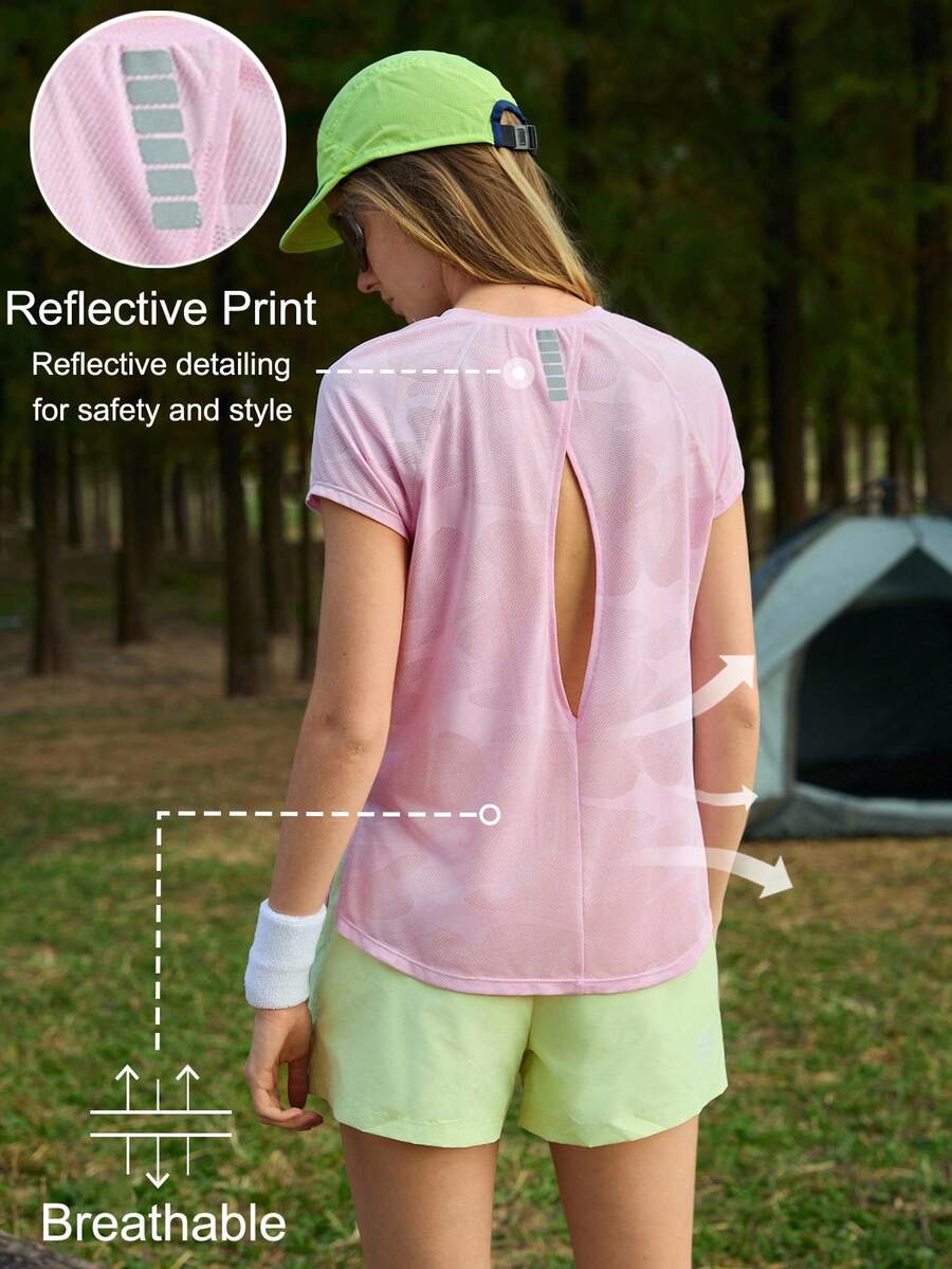 Exploreva Women's Outdoor Sports Mesh Hollow Pink T-Shirt - Pink - View 1