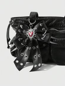 ROMWE Grunge Punk 1款Y2K朋克个性化复古甜美酷炫暗黑风哥特黑色皮革双排金属气眼铆钉古银色滴油桃心DIY钥匙扣配件包包吊坠，适合女孩和女士日常佩戴，节日礼物 - 黑色-15 - 查看 5