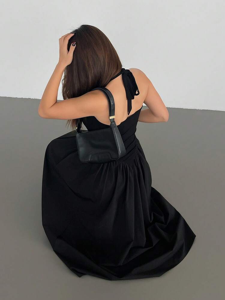 Holiday Outfit Black Spaghetti Strap Waist Cinched Solid Color Dress For Women, Summer Sundress