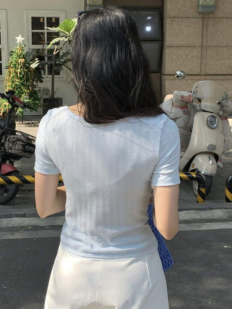 Women's Slim Fit Elegant Solid Color Short Sleeve T-Shirt, Suitable For Party, Valentine's Day, Spring/Summer