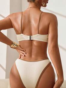 Swim DD+ DD+ Women's Spring/Summer Jacquard Fabric Spaghetti Strap Tie Front Bikini Set - Apricot - View 2