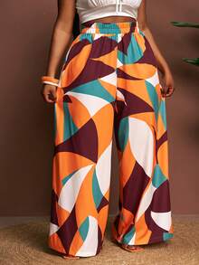 Slaydiva 女士加大码宽松阔腿裤，彩色几何印花，梭织面料，适合通勤、休闲、度假、日常穿着、派对、约会、音乐节、用餐、海滩、邮轮、春夏等场合。 - 彩色 - 查看 6