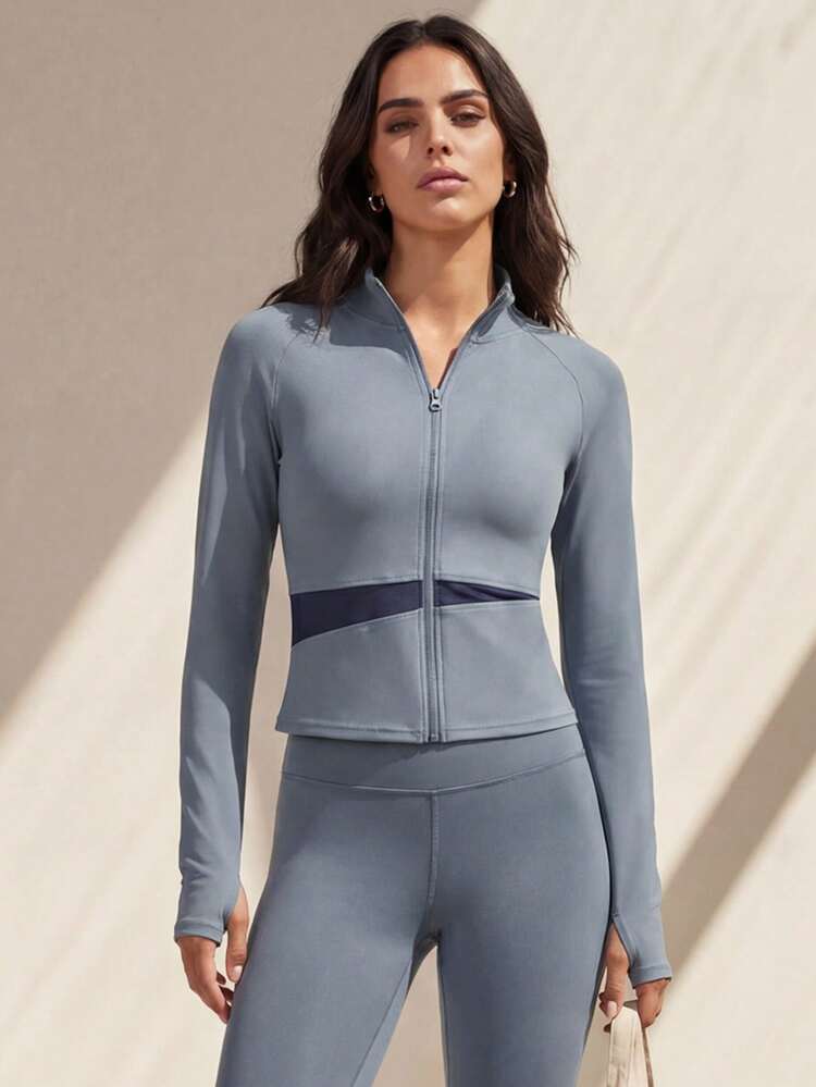 Farbblock Yoga Jacke, Hochkragen Slim Fit Naked Feel Fitness Top für Frauen