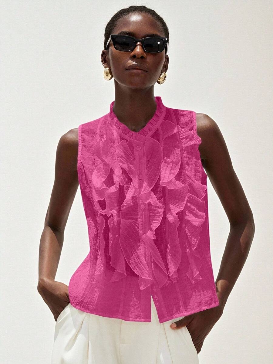 Aveloria Modichic 优雅浪漫百搭法式无袖荷叶边领薄纱女式衬衫 - 玫紅色 - 查看 1