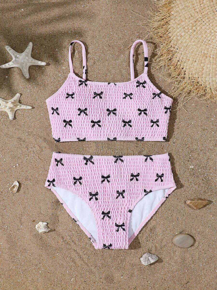 SHEIN Teen Girls Bikini Sets,Knitted Fabric Swimwear With Black Bow Patterns,Adjustable Straps,2 Pieces Swim Suit For Summer,Beach,Holiday,Vacation,Pools - Pink - View 1