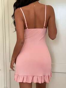 SHEIN 女士纯色吊带修身褶皱荷叶边睡裙 - 粉色 - 查看 2