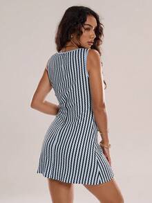 Avantive 女士圆领无袖条纹时尚迷你连衣裙，夏季 - 淺藍色 - 查看 3