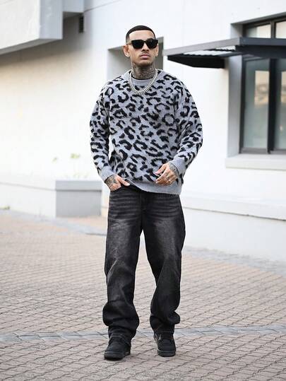 Devon Thys White Yue 秋冬系列：豹纹印花，撞色磨毛质感，休闲风格，街头潮流，复古针织圆领男士毛衣，适合圣诞节、新年穿着，长袖上衣