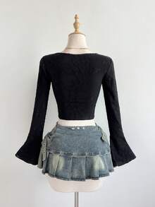 Elamini Women's Long Sleeve Mesh T-Shirt With Heart Neckline, Ruched Front Design And Bow Tie - Black - View 2