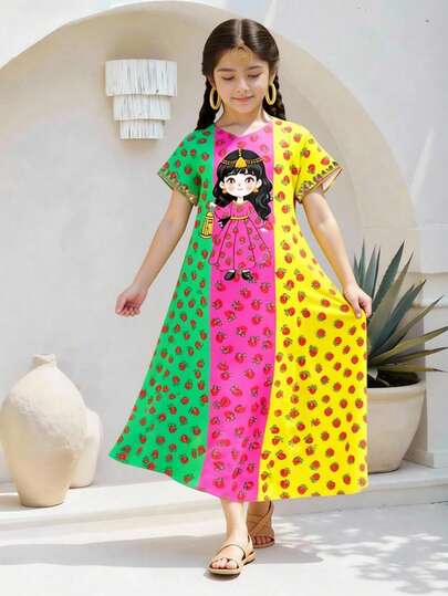 印花撞色V领短袖宽松休闲连衣裙，春夏款，适合年轻女性