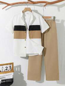 SHEIN Little Byeori Conjunto informal de pantalón y camisa de manga corta holgada con bloques de color contrastante para niño preadolescente, conjunto en color caqui, adecuado para primavera/verano, salidas, Día de San Valentín, citas, viajes, fotografía callejera, vacaciones, reuniones familiares, vuelta al colegio, bodas, eventos formales, deportes - Multicolor - Ver 3