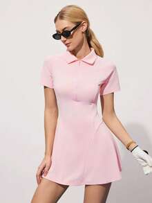CourtClass Damen Einfarbiges Poloshirt-Kleid mit Reißverschluss, halber Knopfleiste, Polokragen und Kurzarm, mit Shorts - Babypink - Übersicht 4