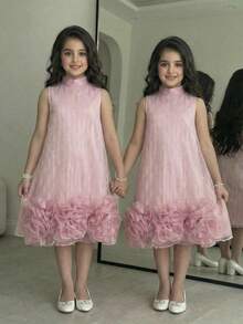 SHEIN Pitira Đầm chữ A thanh lịch dành cho bé gái tuổi teen với cổ áo hoa 3D và họa tiết bướm. - Hồng - Xem 8