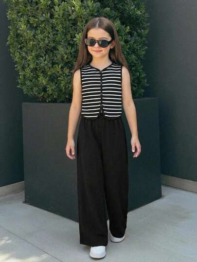 Firerie Kids Firerie Kids Tween Girls' Casual Chic Commuter Round Neck Black & White Striped Contrast Color Sleeveless Top And Black Pants Set, Suitable For Outings, Home, School, Vacation