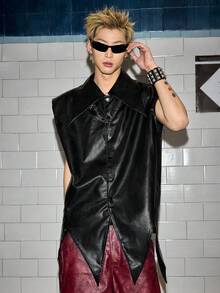 ROMWE MEN Street Life Men's Street Fashion Hip Hop Asymmetrical PU Leather Tank Top - Black - View 5