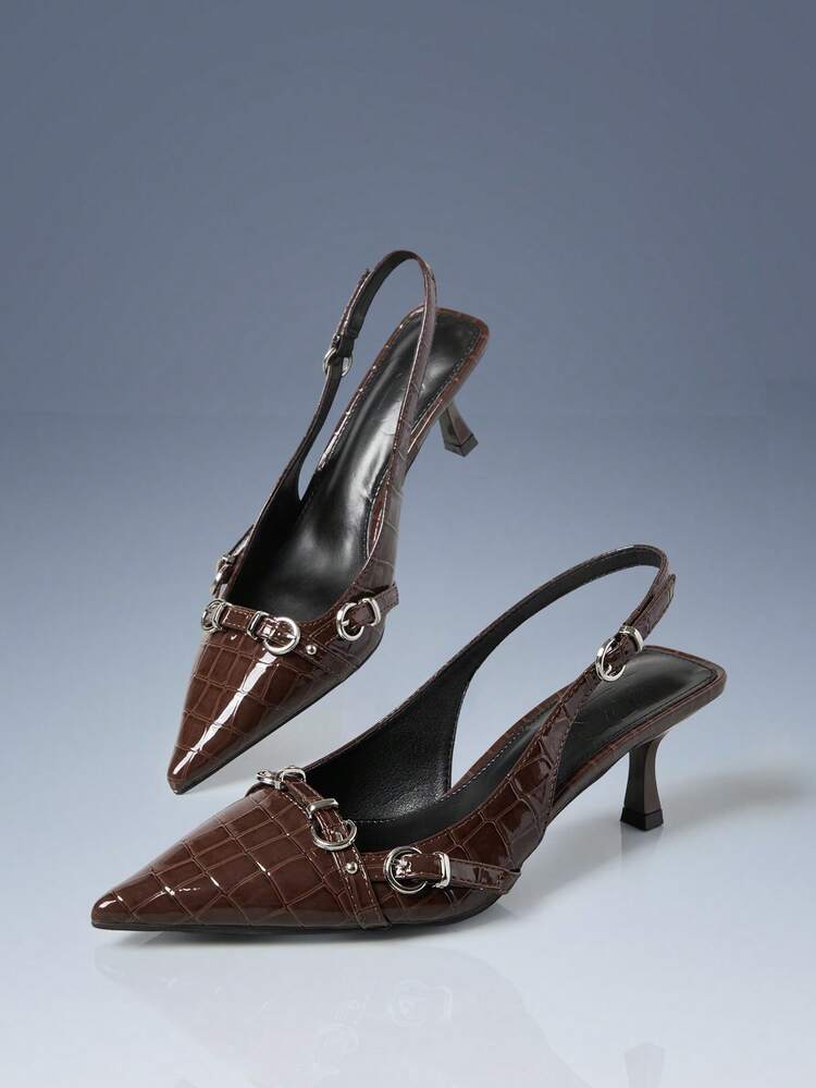 CUCCOO GRLICON Women's Pointed Toe Studded Buckle Strap High Heel Pumps, Animal Print Leather, Backless Slingback, Motorcycle Style, Suitable For Spring/Summer, Vacation, Travel, 2000s Fashion