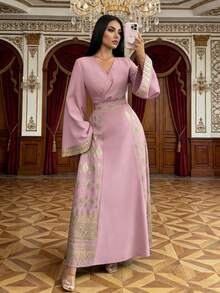 Rafferiza Đầm maxi chiffon xếp ly cổ vuông thanh lịch, họa tiết hoa lá đen và vàng ánh kim, duyên dáng và lãng mạn, trang phục mùa xuân/thu dành cho nữ. - Hồng - Xem 1