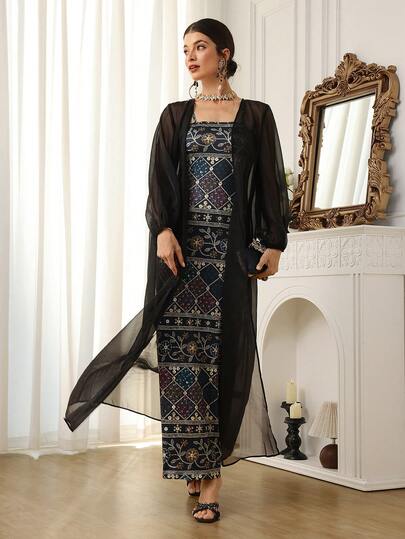 Al Najma Ensemble robe longue en maille de couleur unie et robe modeste à fleurs pailletées pour femmes