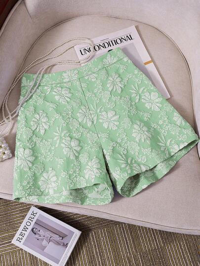 SHEIN LUNE 女士花卉纹理休闲简约日常短裤