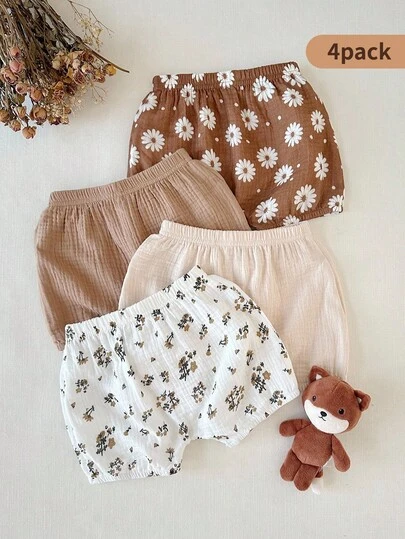 SHEIN 4pcs/Set Baby Girls' Solid & Printed Comfortable Casual Versatile Woven Shorts, Suitable For Loungewear And Fashionable Outings