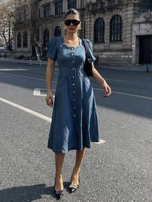 DAZY Slimming A-Line Square Neck Puff Sleeve Denim Dress For Women - Medium Wash - View 1