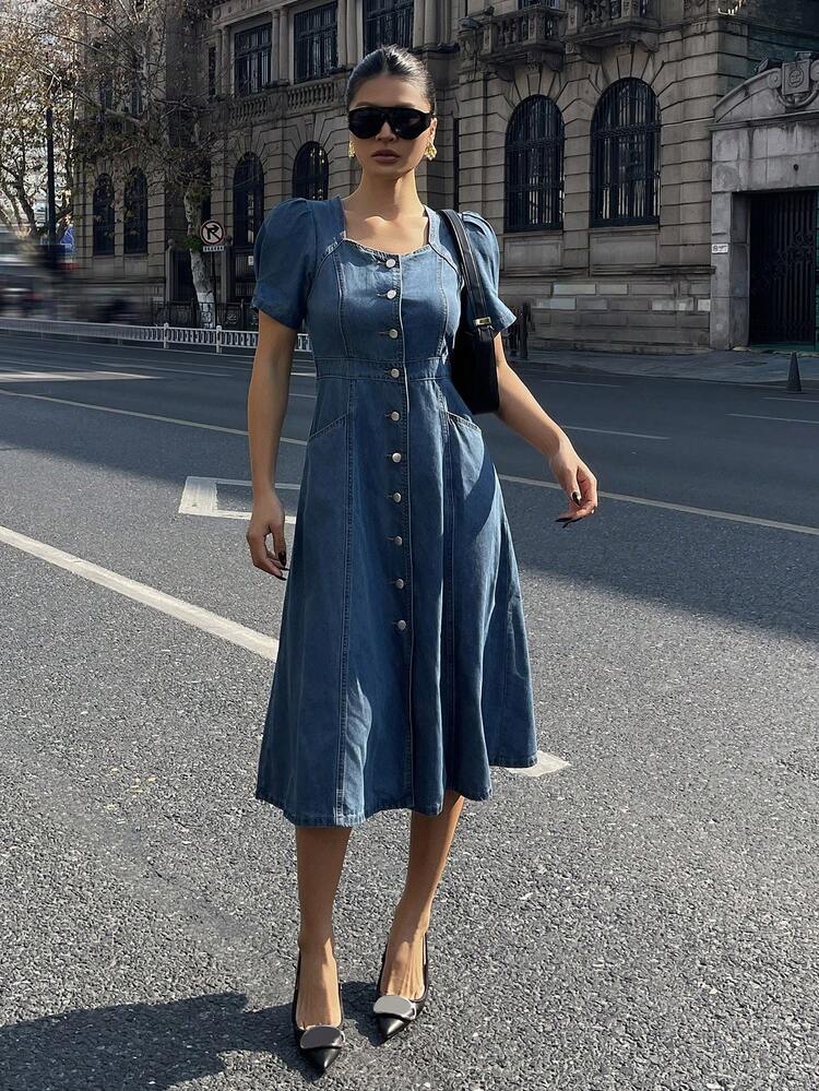 Slimming A-Line Square Neck Puff Sleeve Denim Dress For Women