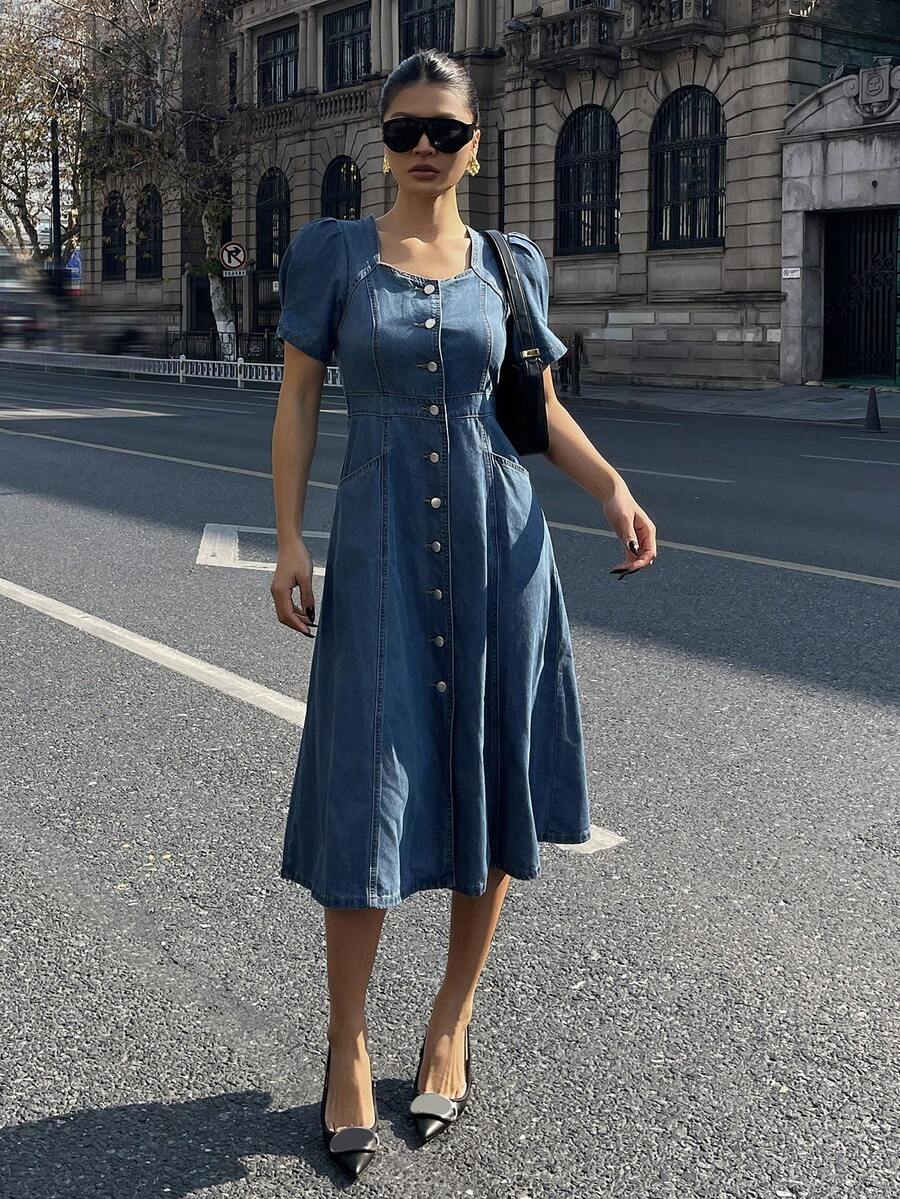 DAZY Slimming A-Line Square Neck Puff Sleeve Denim Dress For Women - Medium Wash - View 1