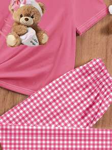 Cute Bear Plaid Pattern, Tween Girl Casual Minimalist Round Neck Short Sleeve T-Shirt And Loose Pants Loungewear, Suitable For Spring/Summer - Multicolor - View 4