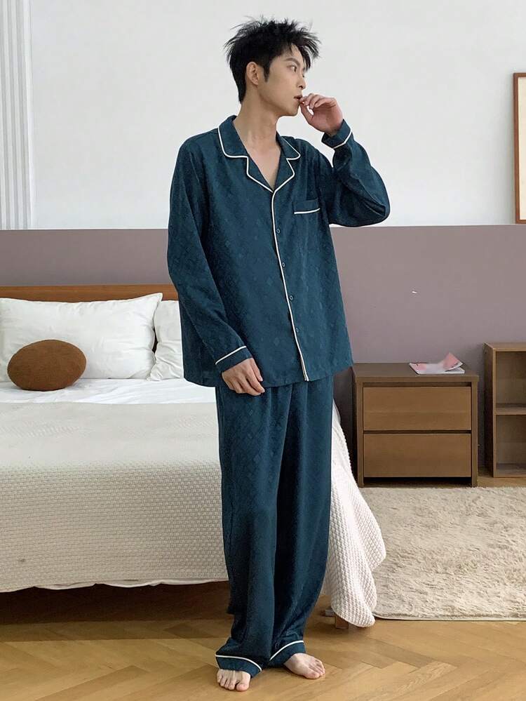 Spring Shirt Paired With Blue Long Sleeve Top And Pants, Men's Casual Homewear Set