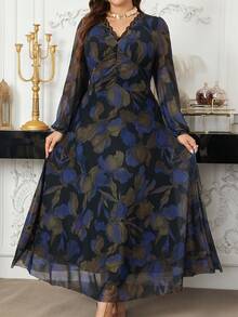 Modelyn Damen Spitzen-Patchwork Laternärmel Kleid mit V-Ausschnitt, elastischer Taille, A-Linie und floralem Muster, elegantes Plusgrößen-Kleid - Verschiedenfarbig - Übersicht 3