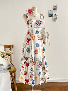 Soleia 女士休闲水果印花无袖中长连衣裙，适合度假穿着 - 彩色 - 查看 7