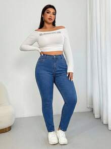 Enliva Plus Size Women's Solid Color Casual High Stretch Jeans, For Apple And Rounded Body Shape - Medium Wash - View 5