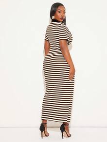 SHEIN SXY 夏季加大码V领短袖条纹修身连衣裙 - 彩色 - 查看 2