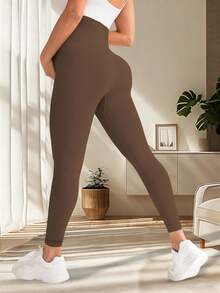 SHEIN Solid Color High Waist Seamless Yoga Maternity Leggings - Brown - View 7