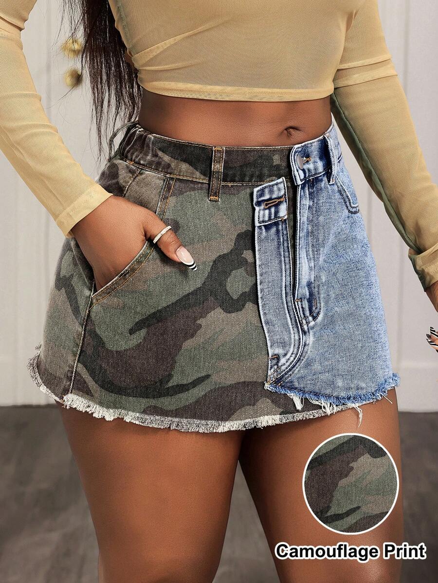 Slaydiva 女士牛仔迷你裙，休闲时尚街头风，迷彩印花，毛边设计，牛仔拼接，完美适合春夏，情人节、沙滩装、生日等场合，Y2K风格。 - 黑色 - 查看 1