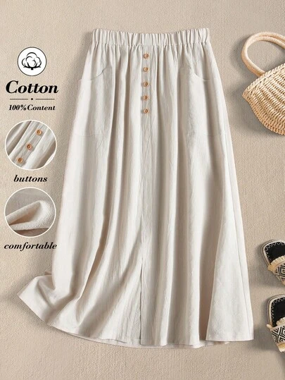 Rusticease White Casual Retro White Women's Skirt, Cotton 100% Summer Outfits  Spring Party Skirt Going Out Outfits Holiday Outfits For Women Comfortable Skirt With Pockets