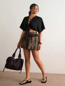 Freevana Plus Size Solid Color Casual Tie-Up Shirt, Summer Tops - Black - View 7